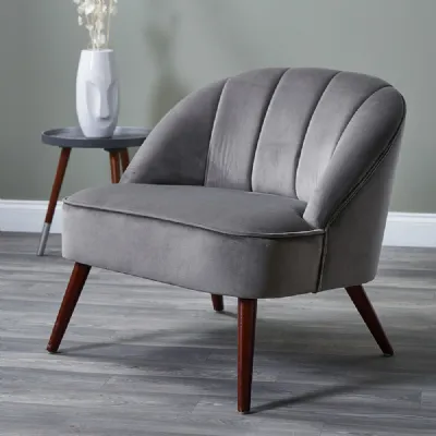 Grey Velvet Fabric Cocktail Lounge Love Seat Walnut Legs