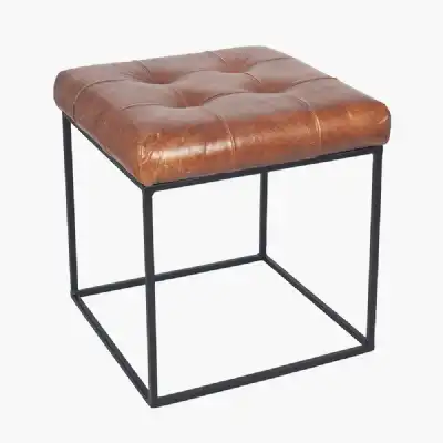 Vintage Brown Leather Buttoned Square Stool Black Iron Frame