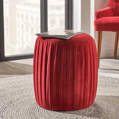 Red Velvet Buttoned Pleated Cylinder Pouffe