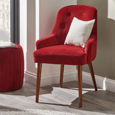 Red Velvet and Dark Pine Wood Carver Dining Chair