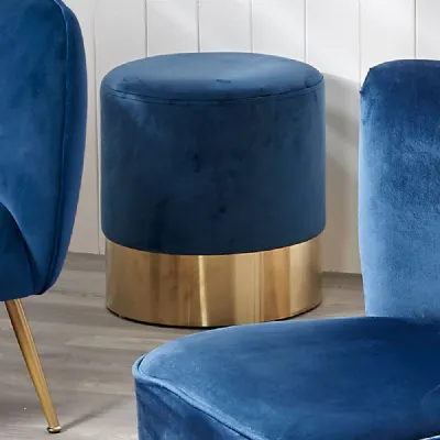 Blue Velvet Fabric Round Pouffe with Gold Metal Base