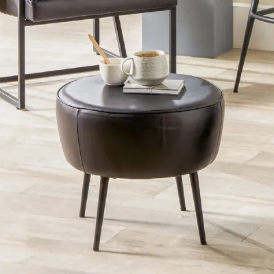 Ash Black Leather and Black Metal Round Stool