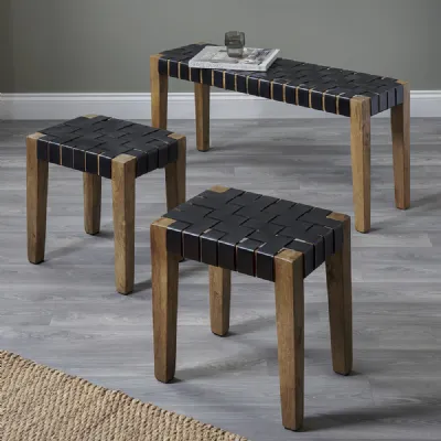Black Woven Leather and Wood Set of 3 Bench and Stools