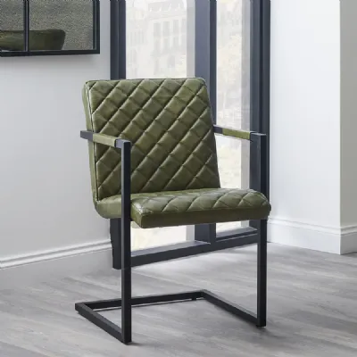 Sage Green Padded Quilted Leather Cantilever Arm Chair