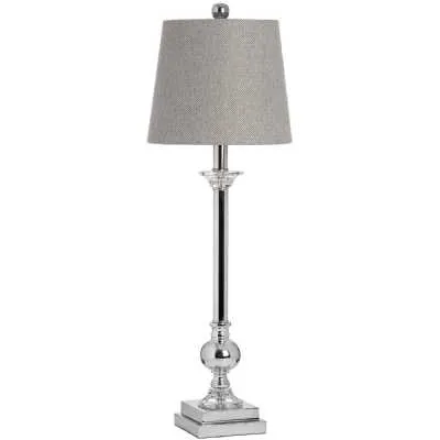 Tall Slim Silver Chrome and Glass Table Desk Lamp Herringbone Fabric Shade