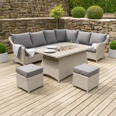 Grey Rattan Corner Dining Set with Fire Pit