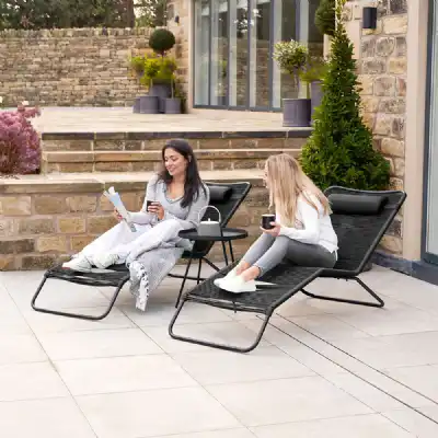 Black Metal and Poly String Garden 2 Piece Sun Loungers