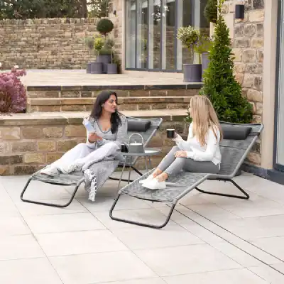 Grey Metal and Poly String Garden 2 Piece Sun Loungers