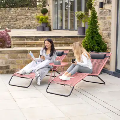 Pink Metal and Poly String Garden 2 Piece Sun Loungers