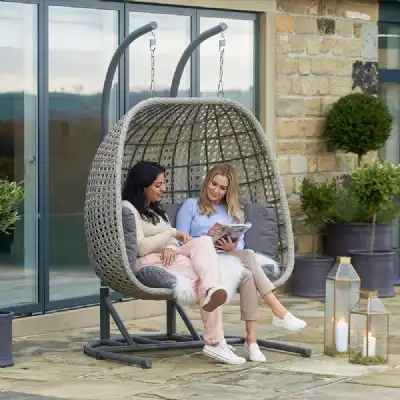 Stone Grey Rattan Garden Large Double Hanging Chair