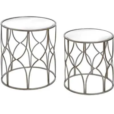Nest Of 2 Lattice Detail Antique Silver Finish Round Side Lamp Tables Glass Top Metal Frame