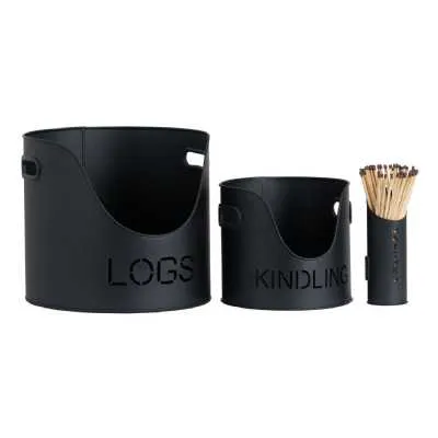 Modern Style Black Finish Fireplace Metal Logs And Kindling Buckets With Matchstick Holder 29 x 32cm