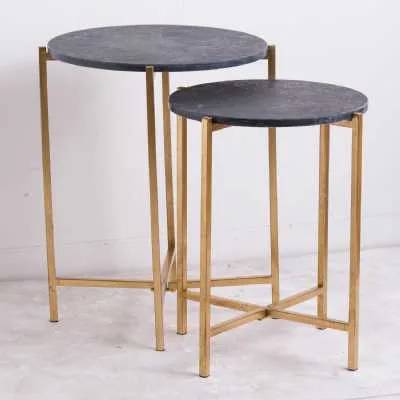 Set Of 2 Gold Metal Framed Black Marble Top Nest Of Round Side Tables