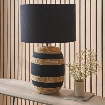 Black and Natural Seagrass Table Lamp Black Drum Shade