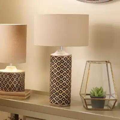 Tall Wooden Diamond Table Lamp with Taupe Cotton Shade
