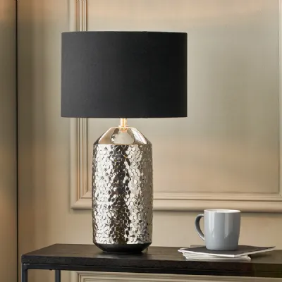 Silver Textured Ceramic Table Lamp with Black Shade