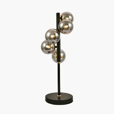 Black Metal Round Table Lamp with 5 Smoked Glass Balls