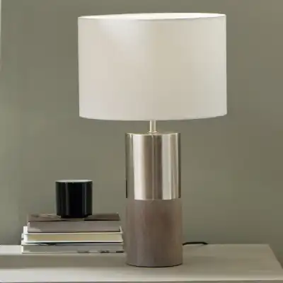 Grey Wood and Silver Metal Tall Table Lamp White Linen Shade