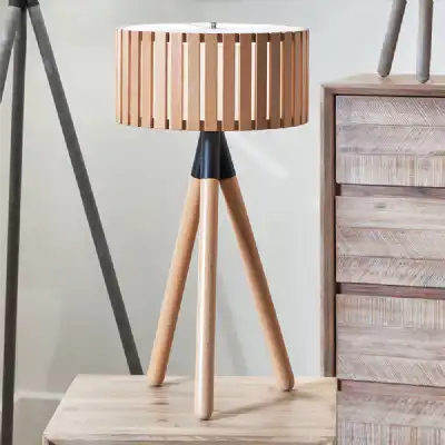 Slatted Wood Tripod Round Table Desk Lamp
