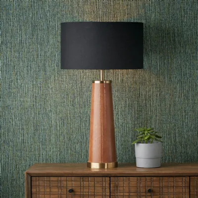 Tan Leather and Brass Metal Conical Table Lamp Base Only