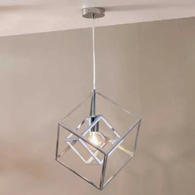 Shiny Nickel Metal Cube Single Pendant Ceiling Light