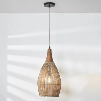 Bamboo Effect and Wood Tall Dome Pendant Ceiling Light