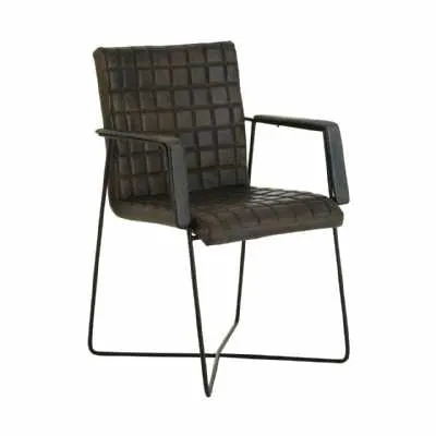 Geometric Patterned Buffalo Black Iron Framed Grey Leather Weave Chair