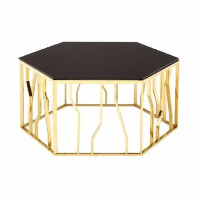 Modern Large Steel Hexagonal Black Tempered Glass Coffee Table