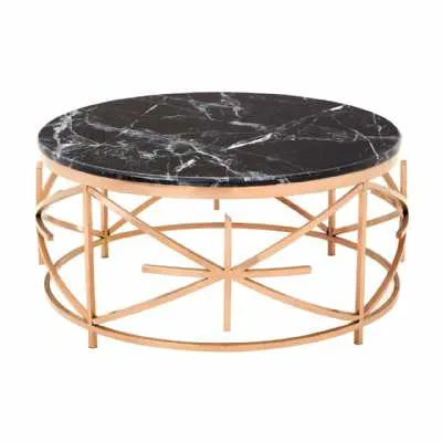 Alvaro Round Rose Gold Metal Framed Coffee Table With Black Marble Top