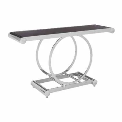 Modern Luxe Large Stainless Steel Console Table Black Glass Top
