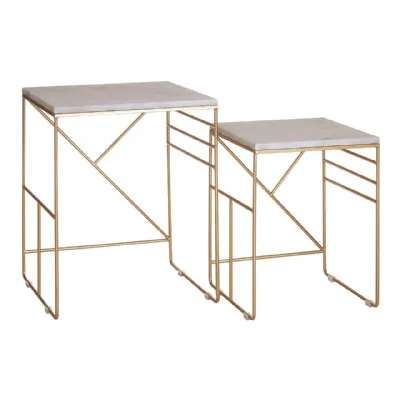 Avantis Set Of 2 Square White Marble And Champagne Iron Side Tables