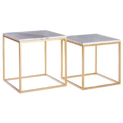 Avantis Set Of 2 Square Cuboid Side Tables Gold Iron Base Marble Tops
