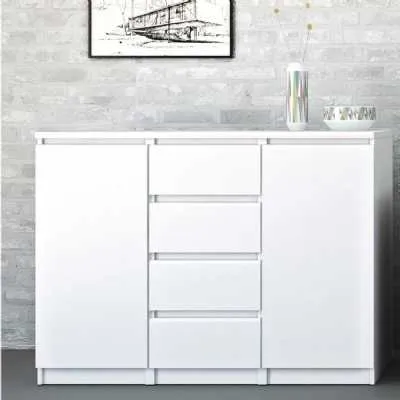 White High Gloss Sideboard 4 Centre Drawers 2 Doors 120cm Wide