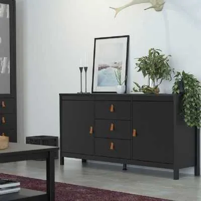 Matt Black 2 Door And 3 Drawer Sideboard With Leather Tab Handles