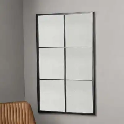 Matt Black Metal Window Wall Mirror with Foxed Glass