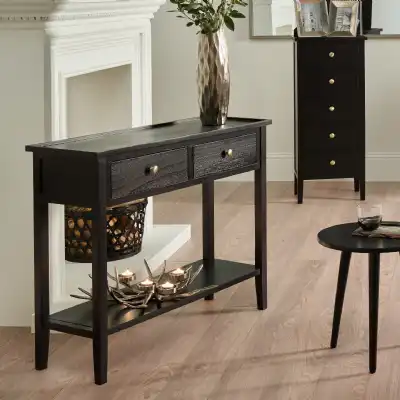 Satin Black Pine Wood 2 Drawer Console Table with Shelf