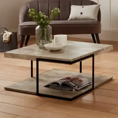 Grey Concrete Square Coffee Table Black Metal Frame