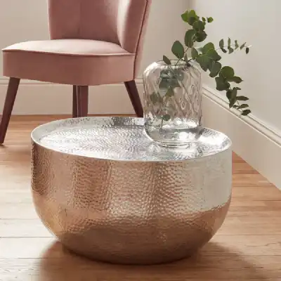 Hammered Polished Metal Round Drum Coffee Table