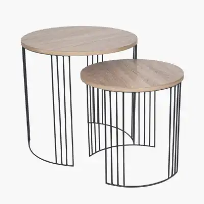 Dark Wood Round Set of 2 Side Tables with Black Metal Legs