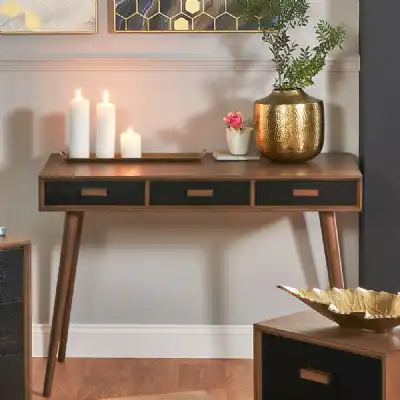 Retro Brown Wood 3 Black Drawer Console Table