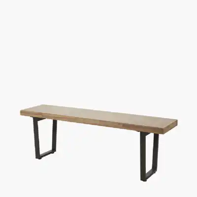 Wood Panelled Textured Dining Bench Black Metal Legs 140cm