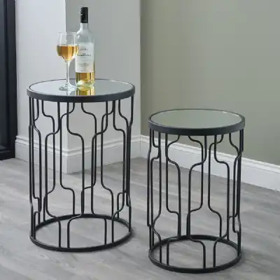 Black Graphite Metal Set of 2 Side Tables with Mirrored Top
