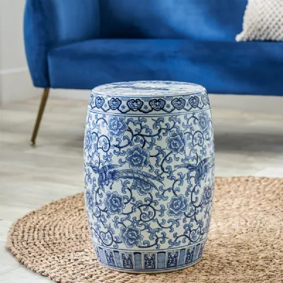 Style Blue and White Floral Designed Ceramic Stool