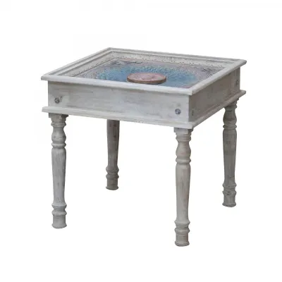 Hand Carved Side Table with Glass Top