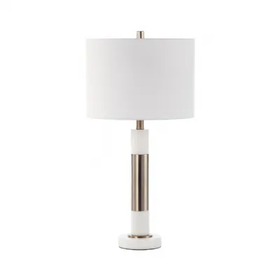 70cm White Marble And Metal Table Lamp With White Linen Shade