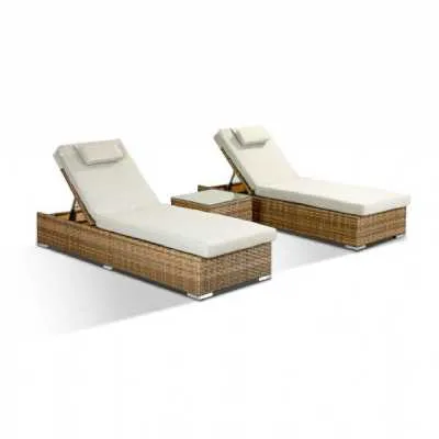 Creole | Set of 2 Sun Loungers with Side Table in Medium Brown Rattan by Rattan Republic