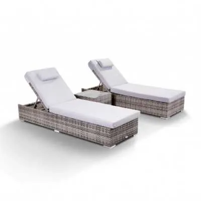 Creole | Set of 2 Sun Loungers with Side Table in Medium Grey Rattan by Rattan Republic
