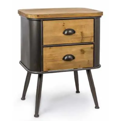 Metal and Wood 2 Drawer Bedside Chest Rounded Edges