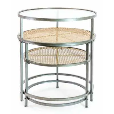 Rustic Metal and Rattan Set Of 2 Round Side Tables