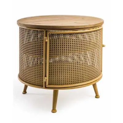 Golden Rustic Round Metal Rattan Wooden Top Cabinet